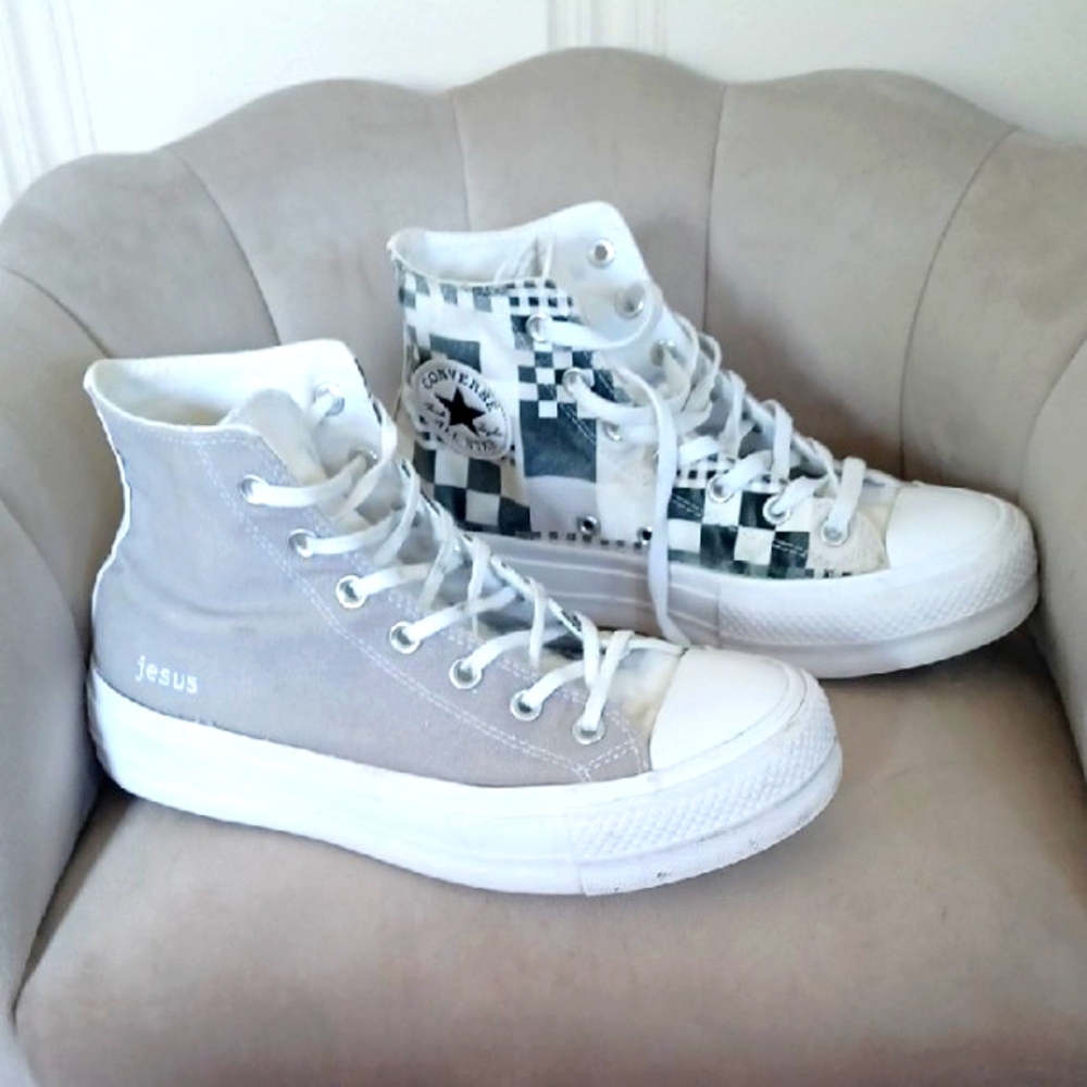 Converse Chuck Taylor Hi-Tops in Gray and Checkered White Jesus Sneakers Unisex